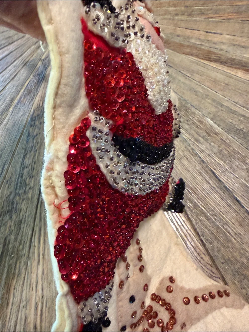 1950s Handmade Felt Sequin Santa Christmas Stocking 3D Padded Folk Art MCM